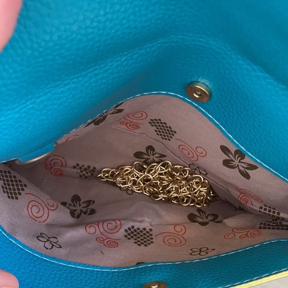 Turquoise blue Crossbody Clutch scalloped gold hardware envelope purse handbag - Picture 6 of 16